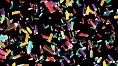 Birçok renkli kalem siyah arka planda havada yüzüyor. Eğitim konsepti. Düşük çokgen yazma aleti. 3B döngü canlandırması.