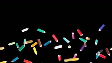 Birçok renkli kalem siyah arka planda havada yüzüyor. Eğitim konsepti. Düşük çokgen yazma aleti. 3B döngü canlandırması.