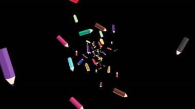 Birçok renkli kalem siyah arka planda havada yüzüyor. Eğitim konsepti. Düşük çokgen yazma aleti. 3B döngü canlandırması.