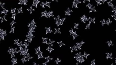 Birçok shuriken siyah arka plana hava atıyor. Japon kültür metali silahı. Dövüş sanatları konsepti. Döngü canlandırması.