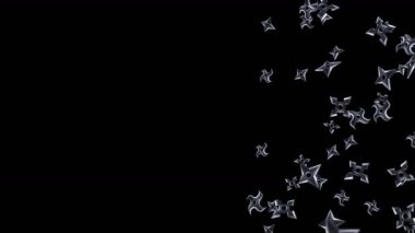 Birçok shuriken siyah arka plana hava atıyor. Japon kültür metali silahı. Dövüş sanatları konsepti. Döngü canlandırması.