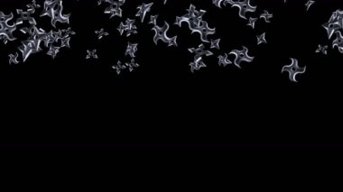 Birçok shuriken siyah arka plana hava atıyor. Japon kültür metali silahı. Dövüş sanatları konsepti. Döngü canlandırması.