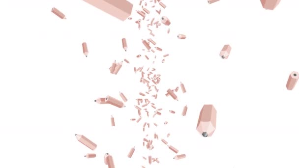 白い背景に空気中に浮かぶ多くの茶色の鉛筆 教育の概念 低多角形の筆記具 3Dループアニメーション — ストック動画