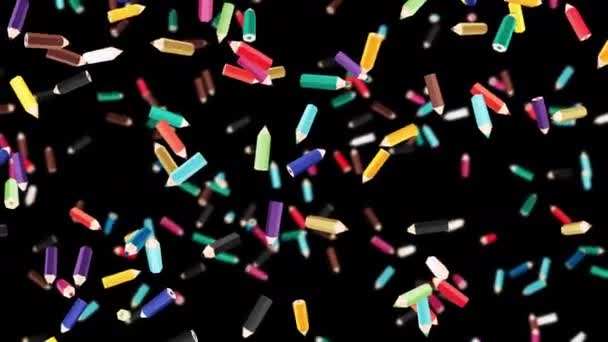 Beaucoup Crayons Couleur Flottant Dans Air Sur Fond Noir Concept — Video