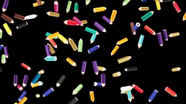 Muchos Lápices Colores Flotando Aire Sobre Fondo Negro Concepto Educativo — Vídeos de Stock