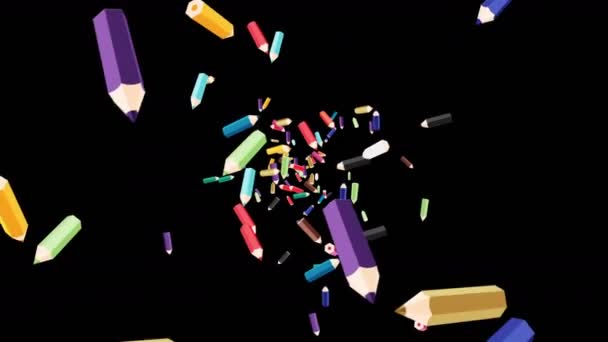 许多彩色铅笔在黑色背景上漂浮在空气中 教育概念 低多边形书写用具 3D循环动画 — 图库视频影像