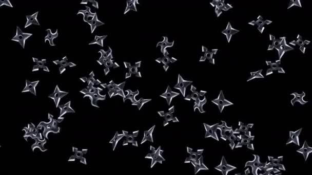 黒を背景に様々な手裏剣が空中に投げ込まれる 日本の文化金属兵器 武道の概念 ループアニメーション — ストック動画
