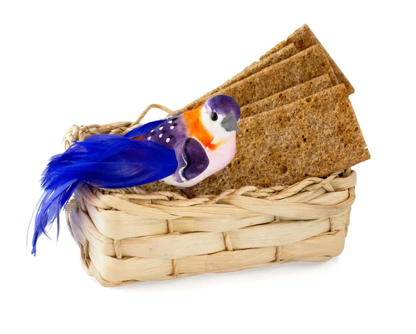 Bird on basket of crackers — Stock Photo, Image