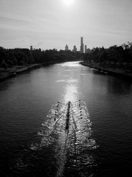 亚拉河上划船的黑白图片墨尔本 — 图库照片