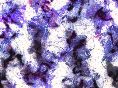 Beyaz arka planda mavi mor akrilik boya lekeleri var.