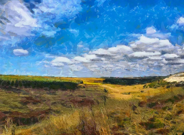 蓝天石油风格化景观蓝黄色彩的田野的抽象画 — 图库照片