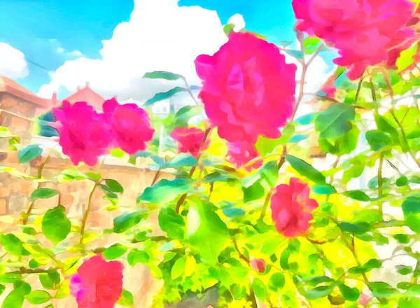 Yaprakları mavi bir suluboya ile kaplı bir sapta parlak kırmızı güller.