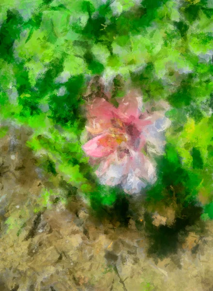 Fleur Rose Sur Fond Feuilles Vertes Abstraction Acrylique Stylisation Sous — Photo