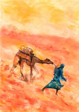 Çöl fırtınasında bir Bedevi deveye liderlik ediyor. Pastel Grafikleri.