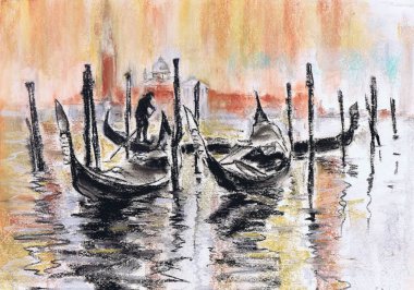 Pastel çizimi. Pastel grafikler. Venedik sisin içinde, gondollar ve gondolcular.