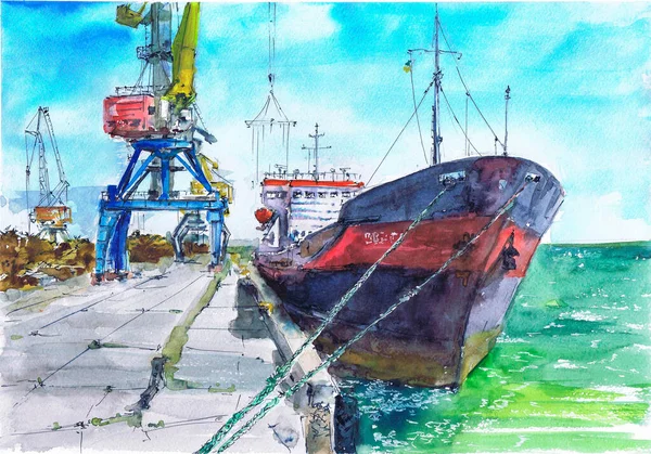 Malen Mit Aquarellen Verladung Von Frachtschiffen Hafen — Stockfoto