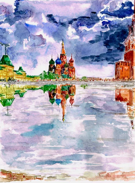 Moscow Basil Cathedral Kremlin Reflection Watercolor Drawing — стоковое фото