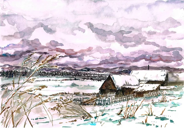 Outskirts Village Winter Watercolor Sketch — стоковое фото