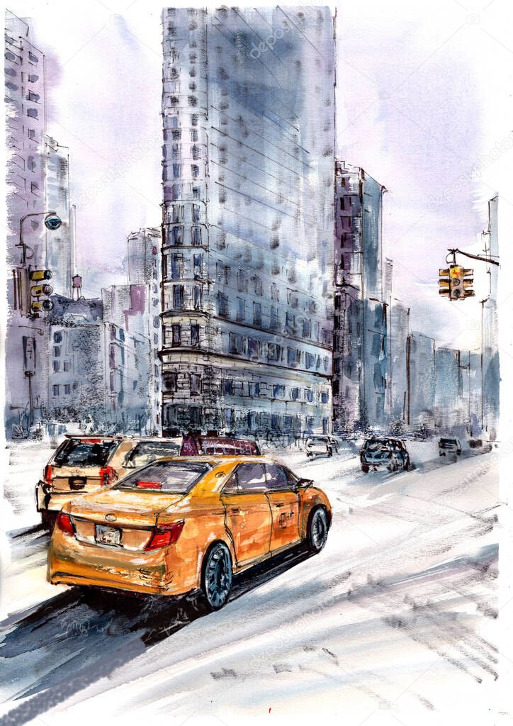 Yellow taxi in New York in winter. Watercolor painting.