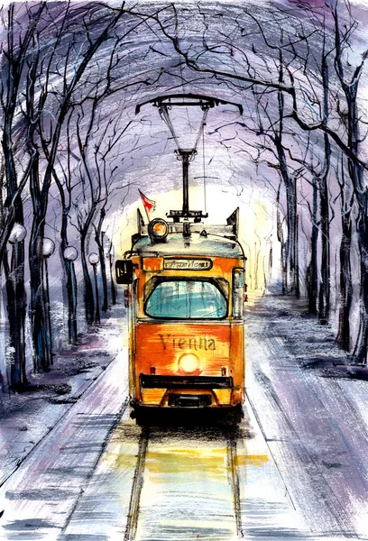 Трамвай Зимой Вене Акварель — стоковое фото