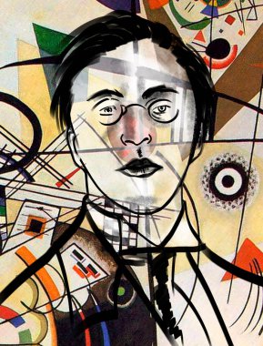 Soyut sanat tarzında bir portre. Wassily Kandinsky, soyutlamanın kökeninde yer alan Rus bir sanatçı ve güzel sanatlar teorisyeni..