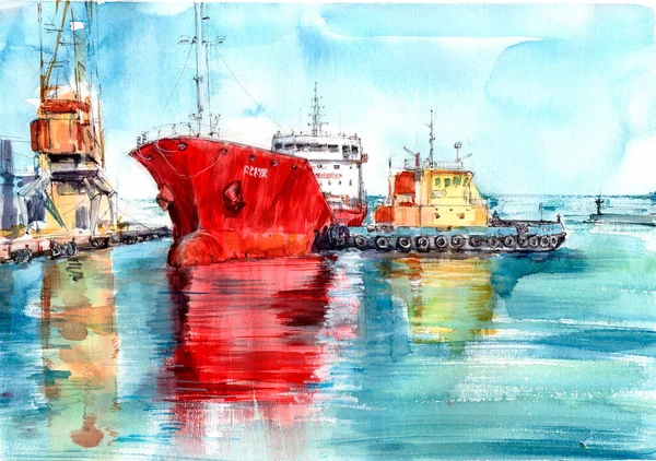 Maleri Akvarel Slæbebåd Fortøjning Fragtskib Havnen - Stock-foto