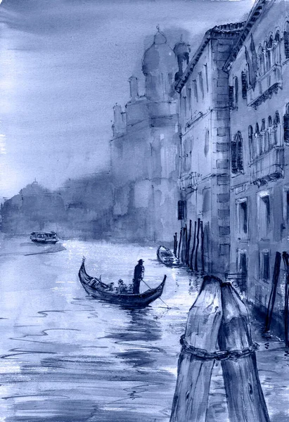 Pintura Acuarela Niebla Venecia Góndola Vaporetto —  Fotos de Stock