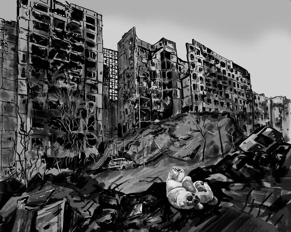 Illustration Kriget Ukraina Förstörd Stad Leksak För Barn — Stockfoto