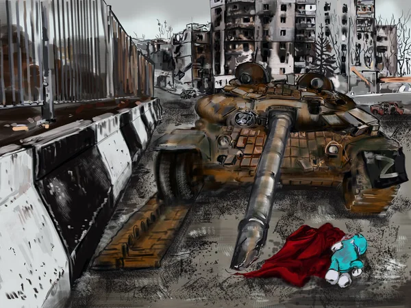 Ilustrace Války Ukrajině Zničené Město Dětská Hračka Zničený Tank Ulici — Stock fotografie