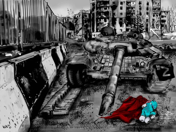 Illustration Guerre Ukraine Ville Ruinée Jouet Pour Enfants Réservoir Détruit — Photo