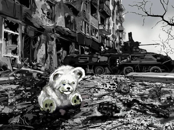 Illustration Guerre Ukraine Ville Ruinée Jouet Pour Enfants Réservoir Détruit — Photo