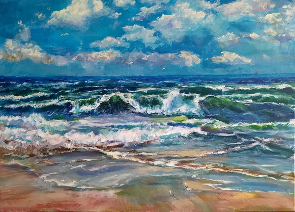Oil Painting Storm Sea Seagulls — стоковое фото