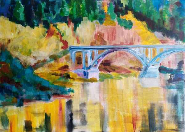 Oil Painting Impressionism Bridge Autumn River — Stockfoto