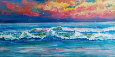 Deniz manzaralı yağlı boya tablo. Gün batımında deniz