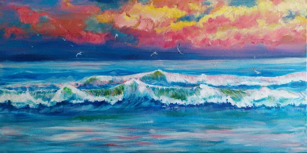 Deniz manzaralı yağlı boya tablo. Gün batımında deniz