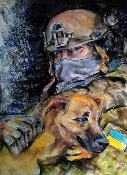 Рисование Пастелью Война Украине Солдат Спасает Щенка — стоковое фото