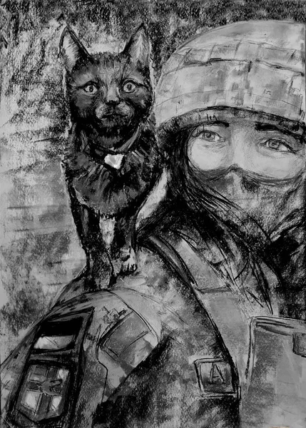 Pastel drawing. War in Ukraine. The soldier girl rescues the cat.