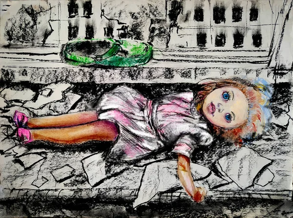 Пастельная Графика Война Кукла Брошенная Опустошенной Квартире — стоковое фото