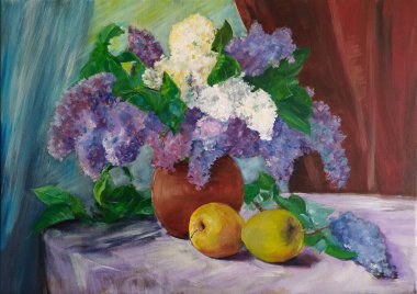 Oil painting. Still life. Lilac with apples. clipart