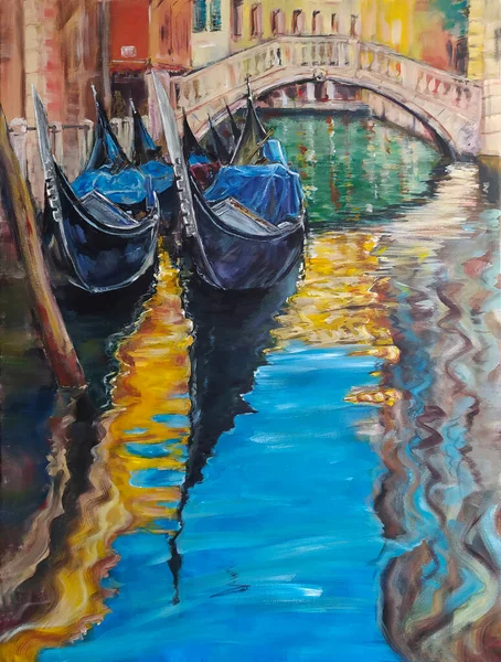 Góndolas Canal Venecia Pintura Óleo — Foto de Stock