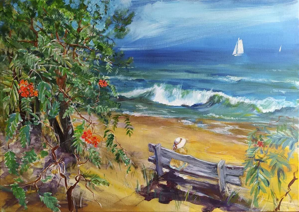 Oil Painting Girl Seashore View Forest Sea – stockfoto