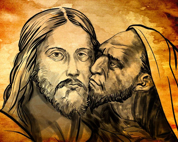 Kiss of Judas episode of the Gospel. Graphic arts.