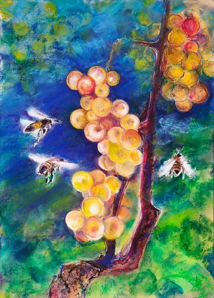 Pszczoły Winogrona Malarstwo Pastelowe — Zdjęcie stockowe