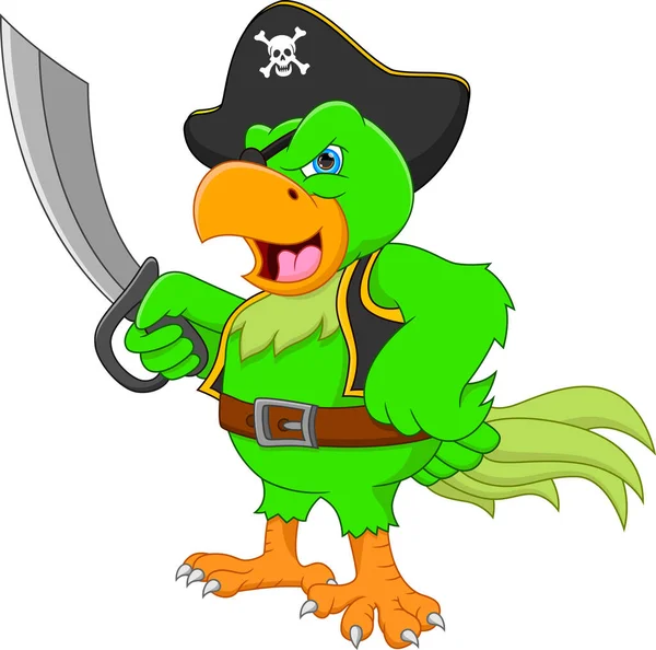 Desenho Animado Engraçado Pirata Papagaio Segurando Espada — Vetor de Stock