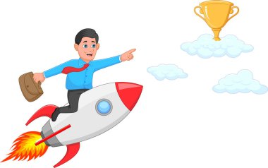 İşadamı hızlı bir şekilde başarıya ulaşmak için rokete biner.