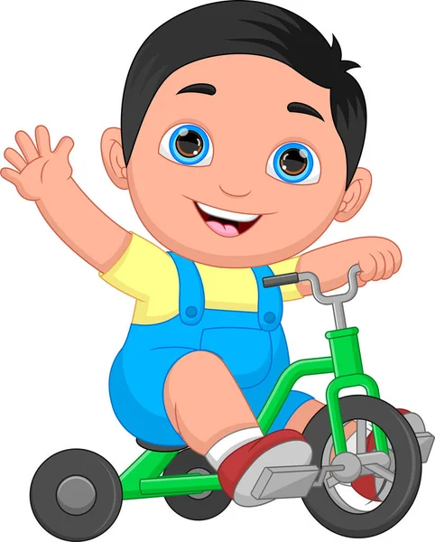 Pequeño Niño Montando Triciclo Saludando — Vector de stock