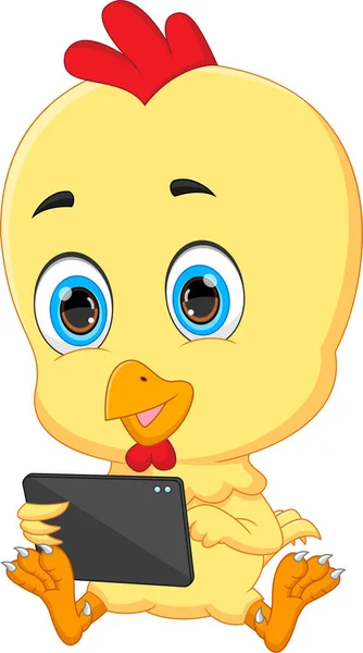 Cartoon Baby Kip Met Tablet Telefoon — Stockvector