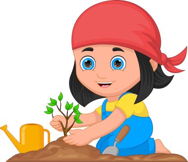 Bahçıvanlık yapan kız beyaz arka planda ağaç dikiyor.