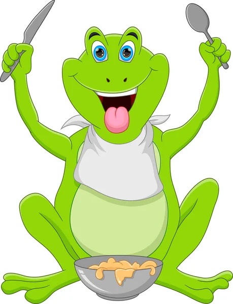 卡通可爱青蛙拿着餐具 — 图库矢量图片