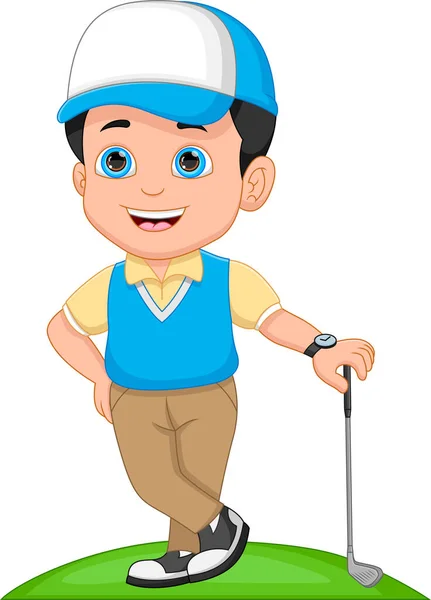 Cartoon Cute Little Boy Playing Golf — Stock Vector